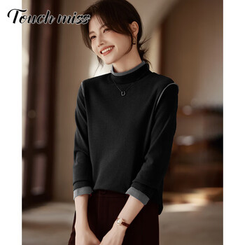 Touchmiss (touchmiss) autumn and winter thickened warm base shirt for women 2025 new style spliced half turtleneck german velvet inner long-sleeved top for women black m