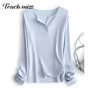 Touchmiss miss2025 autumn long-sleeved sweater for women solid color simple lapel slim inner layering shirt top light blue m