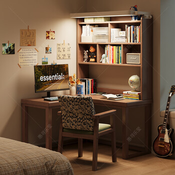 Huixun solid wood corner desk bookshelf integrated small household with eye protection lamp student desk against the wall computer study table fas grade rubber wood without veneer black walnut color #desk + bookshelf + eye protection lamp 120cm*50cm*190cm auxiliary seat length 100cm