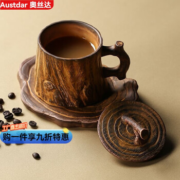 Tuojin handmade stoneware retro coffee cup and saucer set creative hand-brewed coffee cup with lid ceramic latte art mug tree stump one cup and one sauce (follow for free coffee spoon)