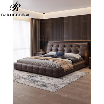 Derucci home italian minimalist first-layer genuine leather large black bear bed with edge-to-edge double bed in master bedroom italian high-end storage bed flagship leather bed + soft silver ion independent bag silent double-sided mattress + 2 cabinets 15cm 1800mm*2000mm x air pressure structure