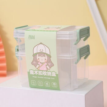 Yusenyi mini trumpet three-layer storage box, account card buckle, multi-layer organizing box, data cable management box, student desktop debris, double-layer magic buckle storage box, green button