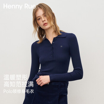 Henny rue sweater women's autumn and winter new pullover polo henry collar bottoming shirt button v-neck slim long-sleeved top women's navy blue l
