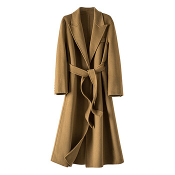 Late white exclusive temperament and high quality lace-up waist slimming coat long sheep wool shoulder coat women camel m