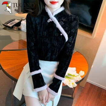 Woodpecker (tucano) chinese-style chinese-style and western-style fashion splicing design long-sleeved shirt, temperament retro top, versatile western-style bottoming shirt, black plus velvet s