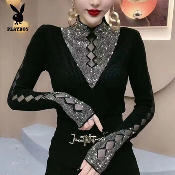 Playboy (playboy) 2025 autumn and winter bottoming shirt for women, new style, hollow mesh stitching, diamond-encrusted, feminine slimming top, black, spring and autumn without velvet, m 80-105 catties
