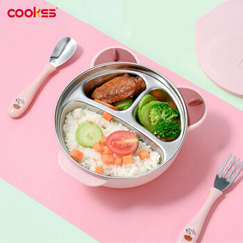 Cookss children's dinner plate stainless steel compartment baby tableware food bowl baby suction cup water insulated bowl with fork spoon pink