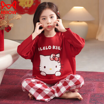 Cat man (miiow) 2026 new children's red pajamas year of the horse pure cotton long-sleeved zodiac year 12-year-old girl cartoon home wear set cmg red round neck-81035kt cat s size 14 height 125-133c weight about 55 pounds