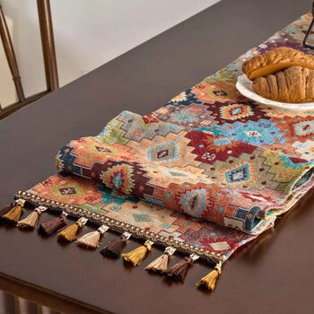 Pupan countryside bohemian cotton leather long sideboard tassel cover coffee table table flag decoration diamond orange 2025 new product 30x350cm (including tassels)