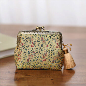 Two sisters song brocade buckle retro chinese style double layer coin purse card holder coin purse handmade national style gift golden 4 phoenixes wearing peonies - with tassels