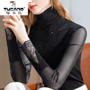 Woodpecker (tucano) velvet european station mesh bottoming shirt autumn and winter french lace t-shirt 2025 new high-neck fashionable women's clothing black m 95-105 pounds