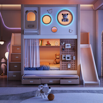 Hongdu children's bed solid wood bunk bed high and low bed for boys and girls bunk bunk bed cream style log simple high and low bed + high box + 2 mattresses 1.35*1.9 meters (upper and lower same width)