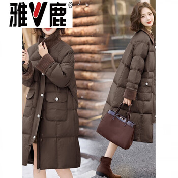 Yalu down jacket women's mid-length over knee 2026 winter new fashion korean style loose western style thickened white duck down jacket brown s recommendation (90-118 catties)