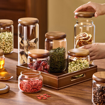 Wellmeet tea jar snack kitchen storage press storage jar food grade glass miscellaneous grains moisture-proof scented tea wolfberry sealed bottle 600ml two pack + bamboo tray