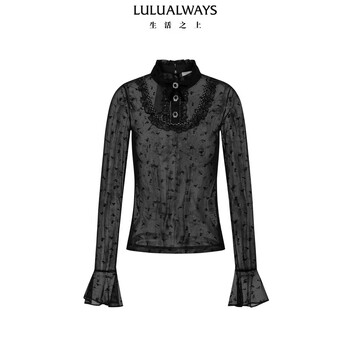 Lulualways shopping mall same style 26 spring new elegant style lace long-sleeved top black bottoming shirt black m