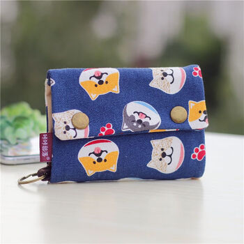 Jiayin korean version of the new 30% off wallet for women cartoon canvas multifunctional short wallet student cute key zero blue pastoral dog-30% off wallet