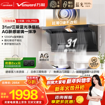 Wanhe range hood traceless v9l pro ag nano anti-pollution blue light smoke cleaner top side dual suction extraction 31 air volume frequency conversion large suction power trade-in