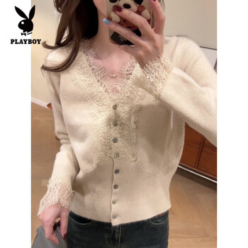 Playboy (playboy) french lace v-neck sweater women's autumn and winter new fashion temperament design long-sleeved sweater bottoming shirt top apricot s