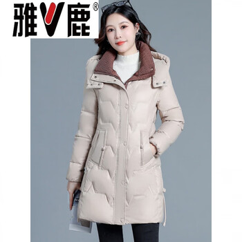 Yalu mid-length solid color thickened warm down jacket for women 2026 winter new style mother style hooded white duck down jacket beige 3xl recommended 131-140 catties