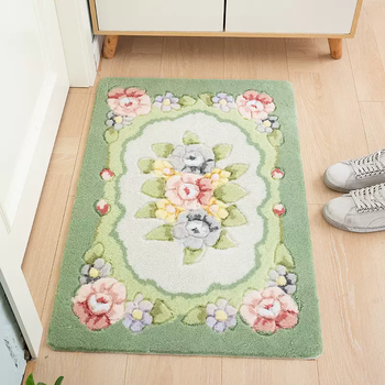 Yusenyi rose flower foyer entry floor mat door mat bedroom floor mat bathroom kitchen water-absorbent non-slip floor mat 031 rose light green square 6090cm