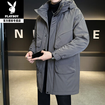 Playboy 2025 new mid-length men's down jacket winter hooded thickened men's winter coat cold-proof jacket gray xl