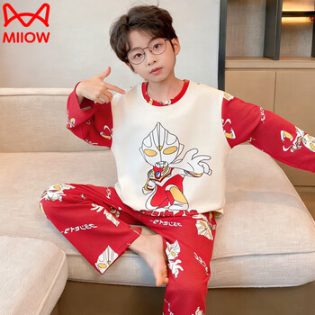 Miiow children's pajamas girls big red new year's long sleeve cotton suit cartoon instant success big children's girls home clothes 41135# s size s height (145-155cm)