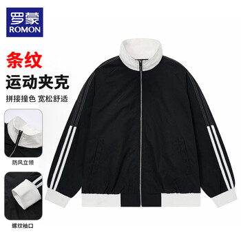 Romon american style work jacket men's spring and autumn windproof stand collar loose casual versatile striped sports jacket trendy black m