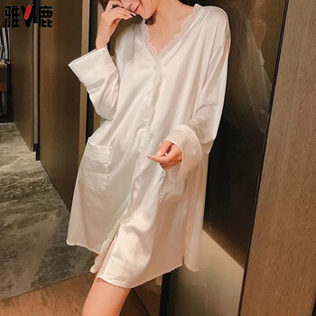 Yalu nightgown women's spring and autumn 2026 new white shirt french ice silk sexy mid-length boyfriend style long sleeve pajama dress white l recommended (105-120 catties)