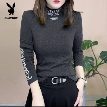 Playboy (playboy) temperament new letter turtleneck printed german velvet long-sleeved t-shirt as a base for autumn and winter, versatile slim fit and warm top, gray m, recommended 85-100 pounds