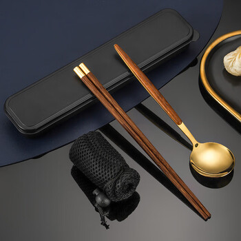Huaguang (hg) quality wooden chopsticks and spoon set of the same style, stainless steel portable tableware for students and office workers, gold-chopsticks + spoon + box (comes with mesh bag)