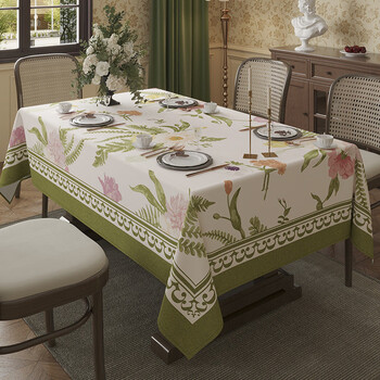 Pupan 2025 new style american retro light luxury high-end imitation linen tablecloth no-wash waterproof anti-iron tablecloth coffee table cover morning flower green fragrance square 140x140cm suitable for 0.7~0.9 meter square table