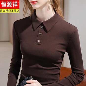 Hengyuanxiang polo collar t-shirt women's long-sleeved slim and warm german velvet bottoming shirt for women 2025 autumn and winter new brown spring and autumn cotton style m under 105 pounds