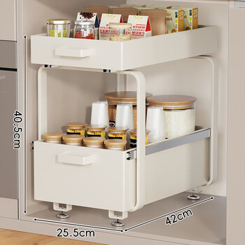 Wooden grid kitchen sink rack spices dishes pull-out sink cabinet pull basket kitchen utensils layered storage rack sink rack double layer 25cm long - white