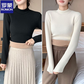 Romon autumn and winter bottoming shirt, half turtleneck, gentle temperament, western style ins casual inner top, long sleeves, versatile and trendy, black + off-white 75 recommended - 90 pounds