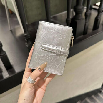 Retro texture women's wallet short two-fold drawstring multi-functional wallet card holder coin purse niche design simple silver