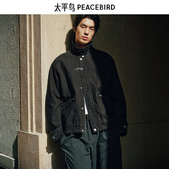 Peacebird men's new chinese style national style stand collar jacket 2026 spring new loose trendy casual jacket black first batch s