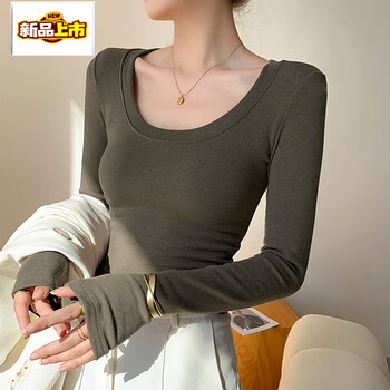 Chujing u-neck bottoming shirt for women in autumn new lyocell cotton slim square neck top with low-neck t-shirt long sleeves military green s 80-90 catties