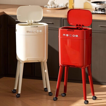 Ascor 2026 new kitchen trash can household bending-free high-looking trash can with cover high legs movable large capacity retro red large capacity bending-free/drawer storage/universal pulley push type 24l
