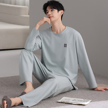 Miiow men's pajamas men's cotton 2026 spring and summer new classic simple cotton round neck wearable home wear set simple light blue 100% cotton soft and skin-friendly 2xl recommended 140-160 pounds