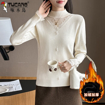 Woodpecker (tucano) velvet thickened sweater for women, autumn and winter 2025 new style half turtleneck, stylish inner top, knitted bottoming shirt, beige color <slim slimming, inner layer, outer layer, bottoming brand, high-end sweater, velvet, one size fits all (80-120 pounds)