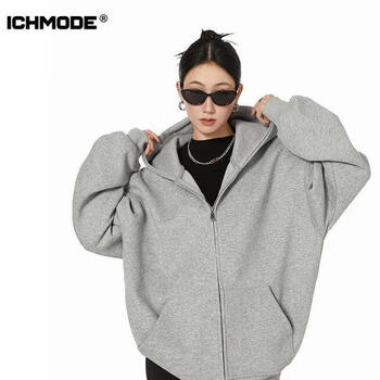 Ich mode american sweatshirt jacket women's autumn and winter new loose hooded double zipper cardigan lazy long-sleeved jacket light gray m