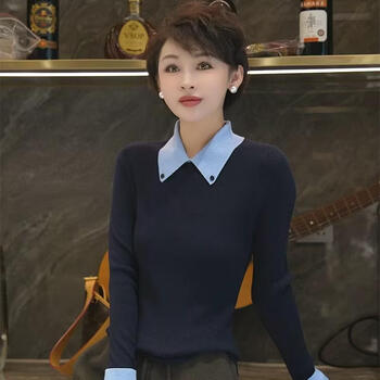 Light luxury quality, fashionable design, elegant lapel sweater, versatile, slimming and age-reducing polo collar top base, navy l (recommended 120-145 pounds)