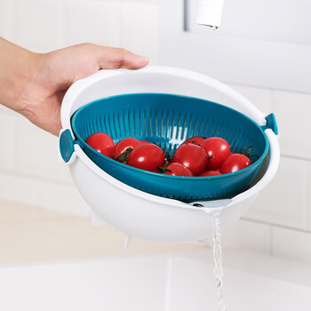 Camellia water drop flip drain strainer double layer drain basket home internet celebrity fruit plate kitchen sink basin living room blue-medium