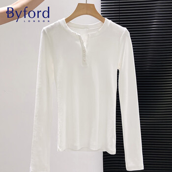 Baifu right shoulder bottoming shirt for women spring and autumn half-open collar slim fit inner top simple long-sleeved t-shirt white s