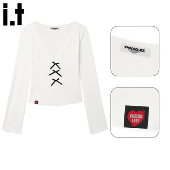 Chocoolate it women's pure desire bow lace v-neck long-sleeved t-shirt for women 2025 winter slim-fitting bottoming top, apricot m