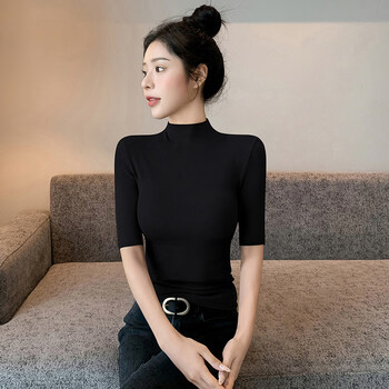 Gerlsisue half turtleneck bottoming shirt for women 2025 new autumn and winter inner layer with velvet high-end slim fit thin knitted black top black s