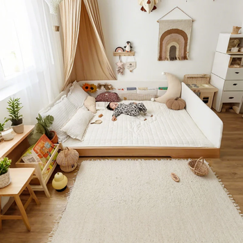 Colorfree platform bed montessori children's bed boy and girl beech single bed all solid wood parent-child bed breathable floor tatami montessori four-sided fence platform bed + 8cm coconut palm latex mattress 1200mm*2000mm