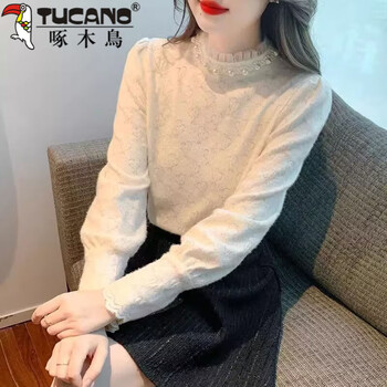 Woodpecker (tucano) bottoming shirt for women in autumn and winter new fashion korean style shirt temperament slim splicing lace fashionable versatile belly covering top cream apricot body lining thin section s 85-99 pounds