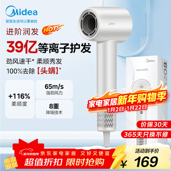 Midea high-speed hair dryer 3.9 billion plasma hair dryer household negative ion hair dryer sterilization and removal of head mites fg208 white new year gift holiday/birthday gift
