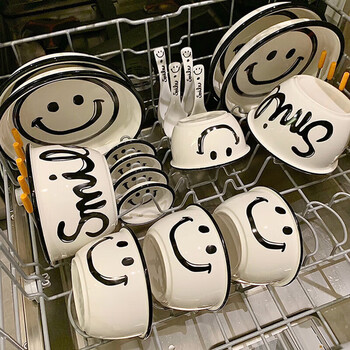 Tuojin germany imported high-quality smiley face dishes set for home use 2025 new ceramic rice bowls, plates, bowls, chopsticks and bowls 6-inch flower-shaped bowl 1 pack 1 piece